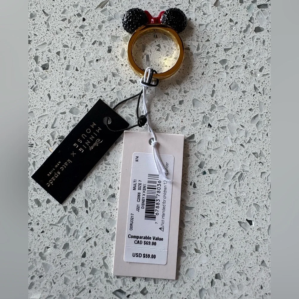 KATE SPADE Disney Minnie Mouse Ears Gold & Black Ring Size 8 - Picture 1 of 4